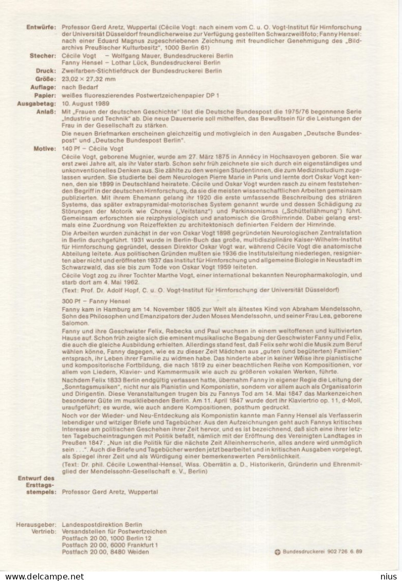 Germany Deutschland 1989-12 Medicine Cecile Vogt, Brain Research, Fanny Hensel Mendelssohn, Composer Music, Berlin - 1981-1990