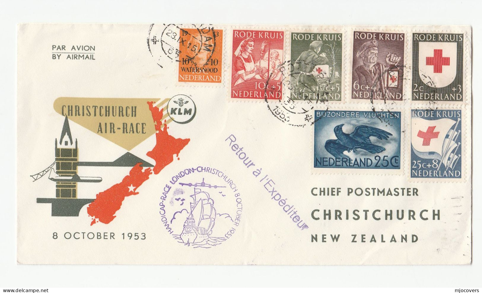 WATERSNOOD & 5 X  RED CROSS Stamps On 1953 KLM FLIGHT COVER Netherlands To New Zealand Aviation Health - Covers & Documents