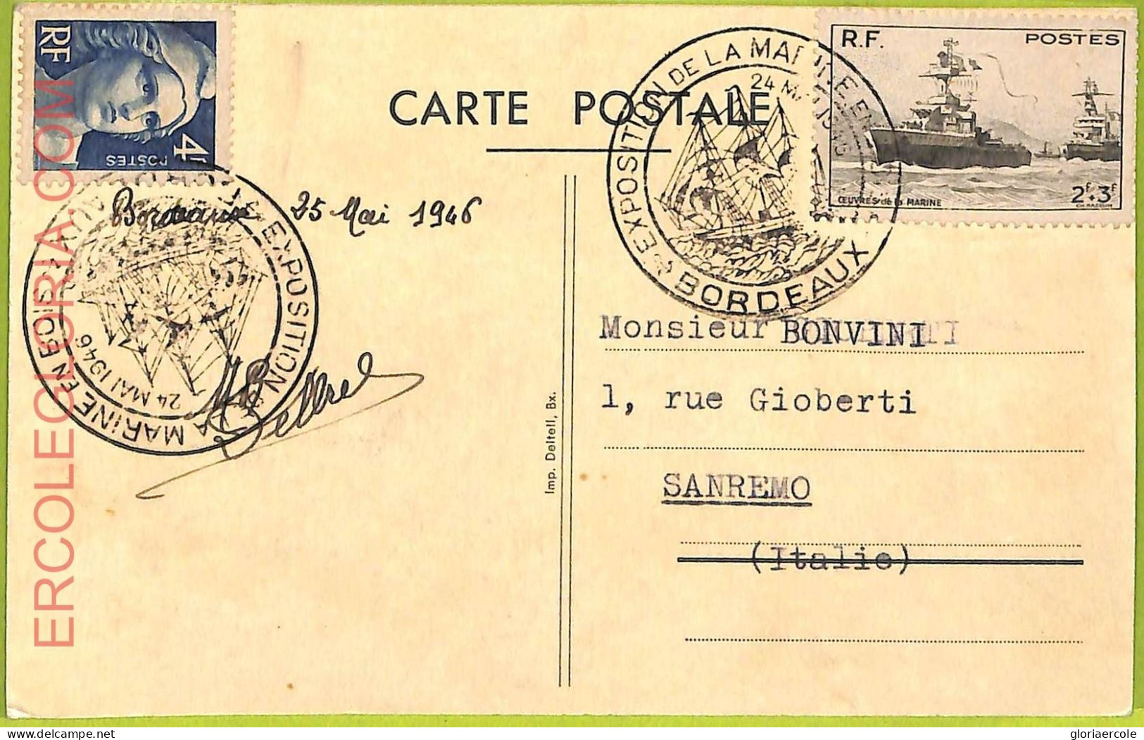 Ad3328 - FRANCE - Postal History - MAXIMUM CARD - 1946 - Bordeaux NAVY - 1940-1949