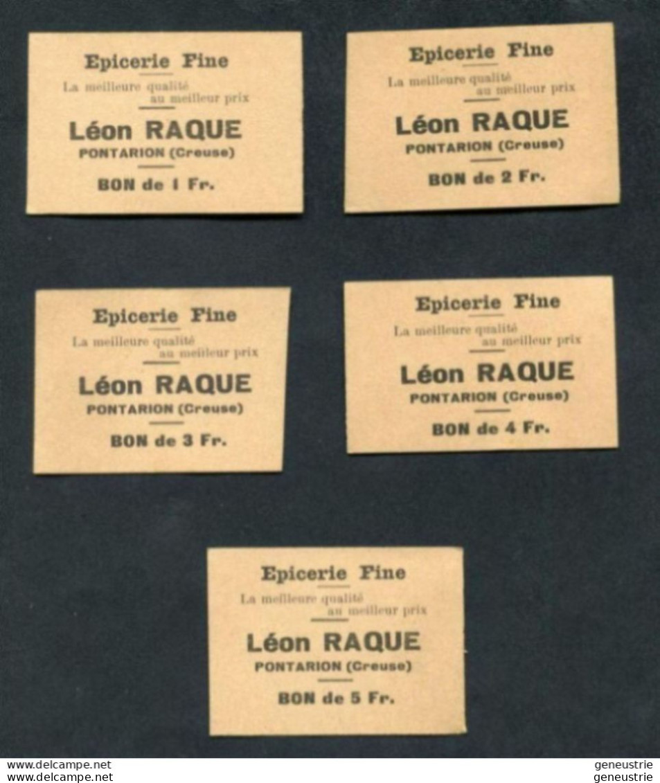 Série De 5 Jeton-carton De Nécessité "Bon-prime Epicerie Fine - Léon Raque à Pontarion (Creuse) Près De Guéret" - Noodgeld