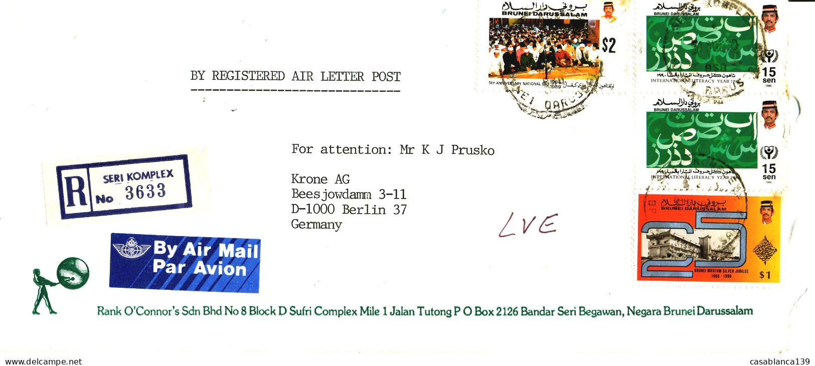 Brunai, 1990, Reg. Letter From Brunai To Berlin With  Mi 417, 418 2x, 407, High Franking, Seldom - Brunei (1984-...)