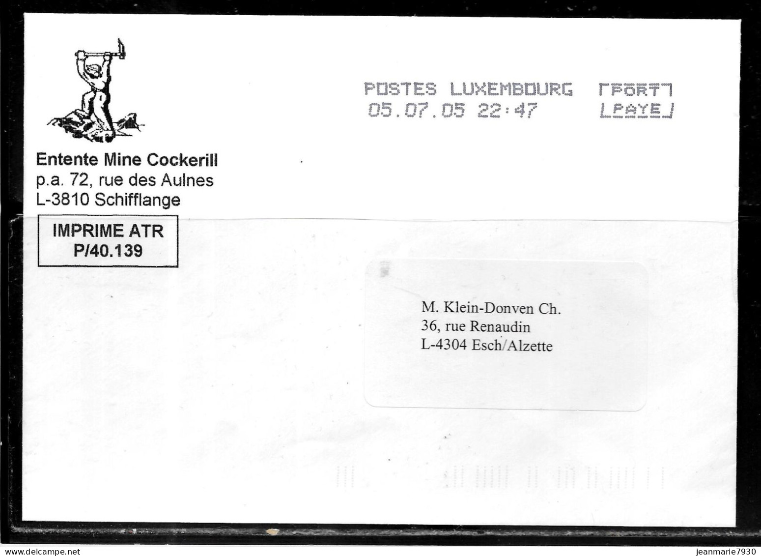 H349 - LETTRE DE LUXEMBOURG DU 05/07/05 - IMPRIME - ENTETE MINE COCKERILL SCHIFFLANGE - Macchine Per Obliterare (EMA)