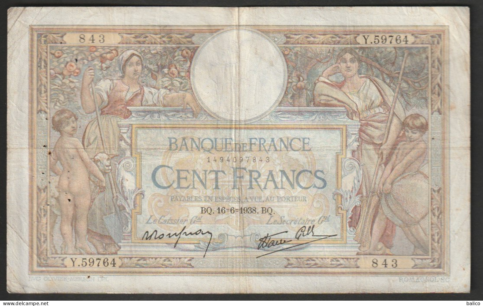 Billet 100 Francs Luc Olivier Merson - 16-6-1938 - Y.59764 -  843 - 100 F 1908-1939 ''Luc Olivier Merson''