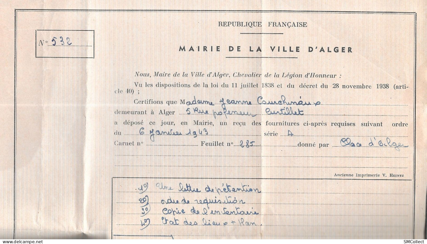 Mars 1947. Pli Recommandé De La Mairie D'Alger. Certificat De Dépôt De Fournitures Requises. Grand Feuillet 30x45 Cm Env - Covers & Documents