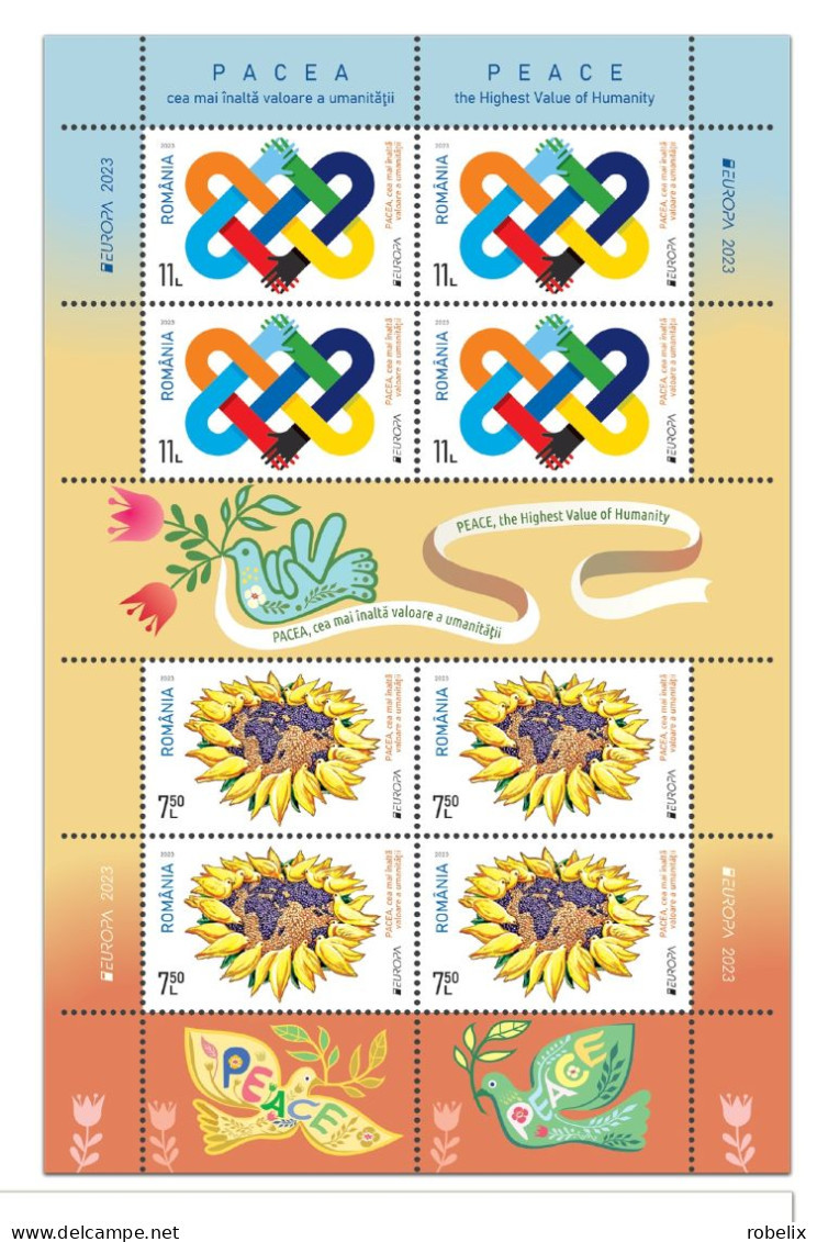 ROMANIA  2023  EUROPA CEPT- PEACE Minisheet Of 4 Stamps + 2 Labeles MNH** - 2023