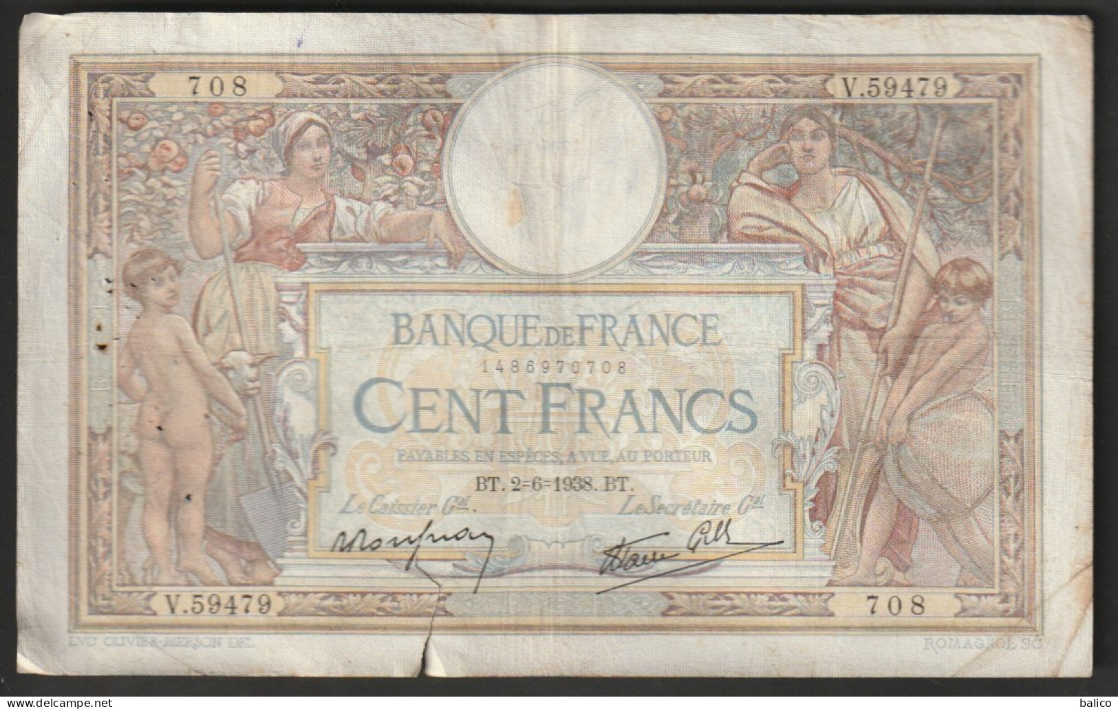 Billet 100 Francs Luc Olivier Merson - 2-6-1938 - V.59479 -  708  ( Une Coupure ) - 100 F 1908-1939 ''Luc Olivier Merson''