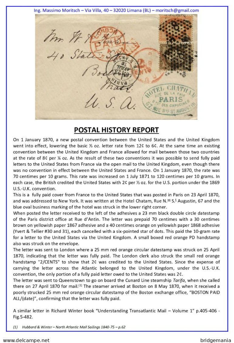 MTM156 - 1870 TRANSATLANTIC LETTER FRANCE TO USA Steamer TARIFA CUNARD - FULLY PAID C.70 - Postal History