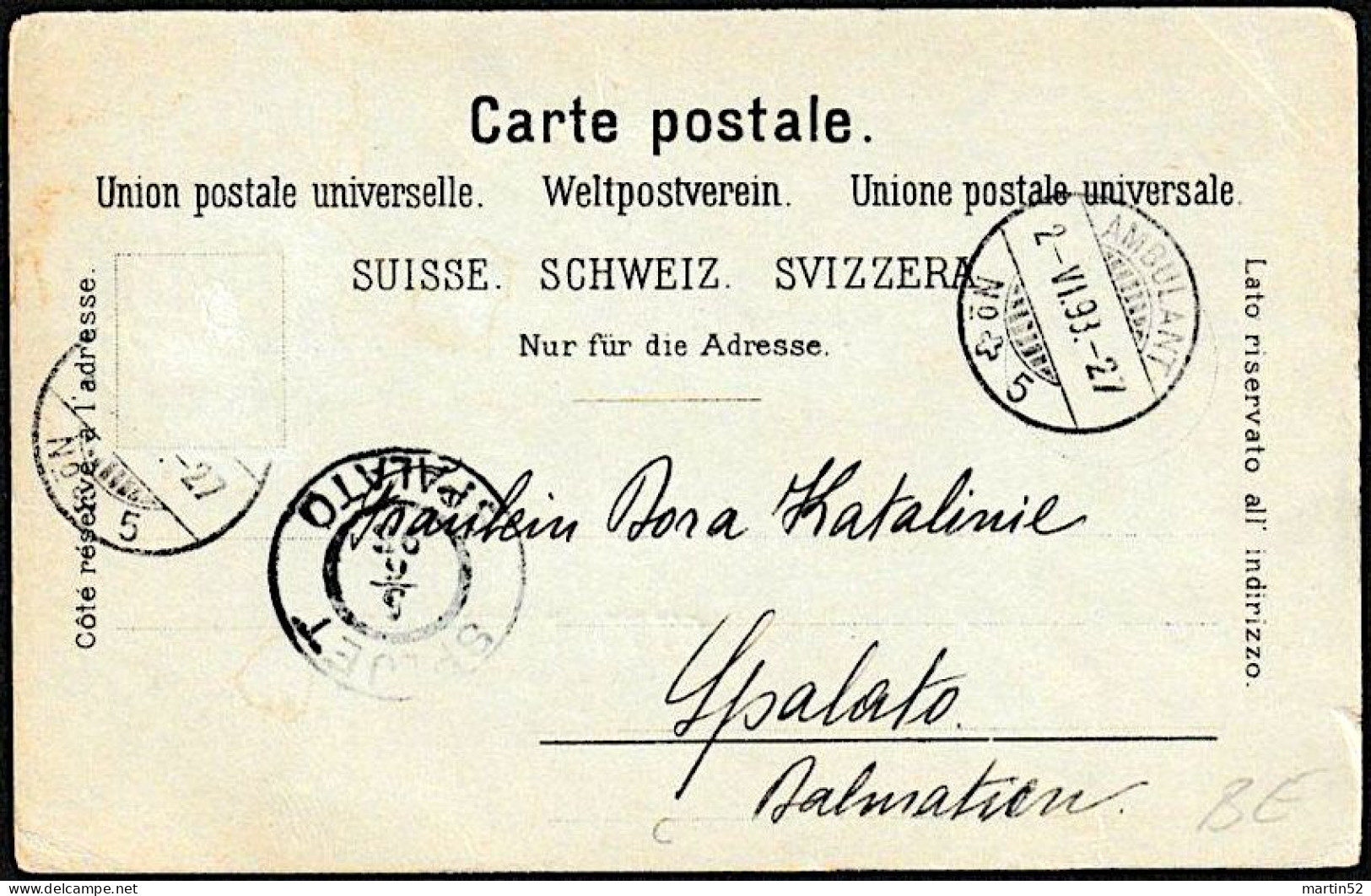 Schweiz Suisse 1898: "Gruss Aus Bern" OTTO BOCHSLER BERN Mit ⊙ AMBULANT 2.VI.98 Nach SPLUET / SPALATO (Split) - Bern