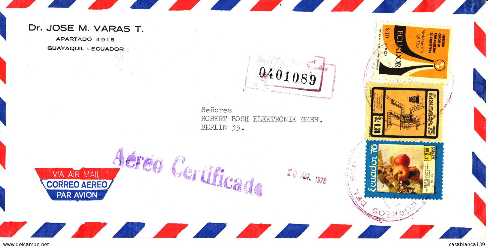 Ecuador, 1975/6, Reg. Letter To Berlin, Three Topics, Attractive Franking, Very Clean Obliteration - Equateur