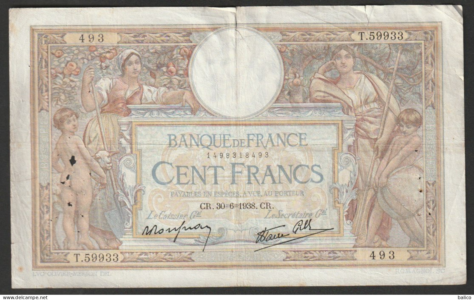Billet 100 Francs Luc Olivier Merson - 30-6-1938 - T.59933 -  493  ( Une Coupure ) - 100 F 1908-1939 ''Luc Olivier Merson''