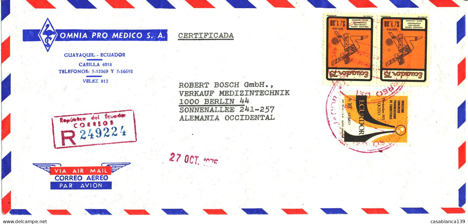 Ecuador, 1975/6, Reg. Letter To Berlin, Sports 2x , Traffic, Attractive Franking, Very Clean Obliteration - Ecuador
