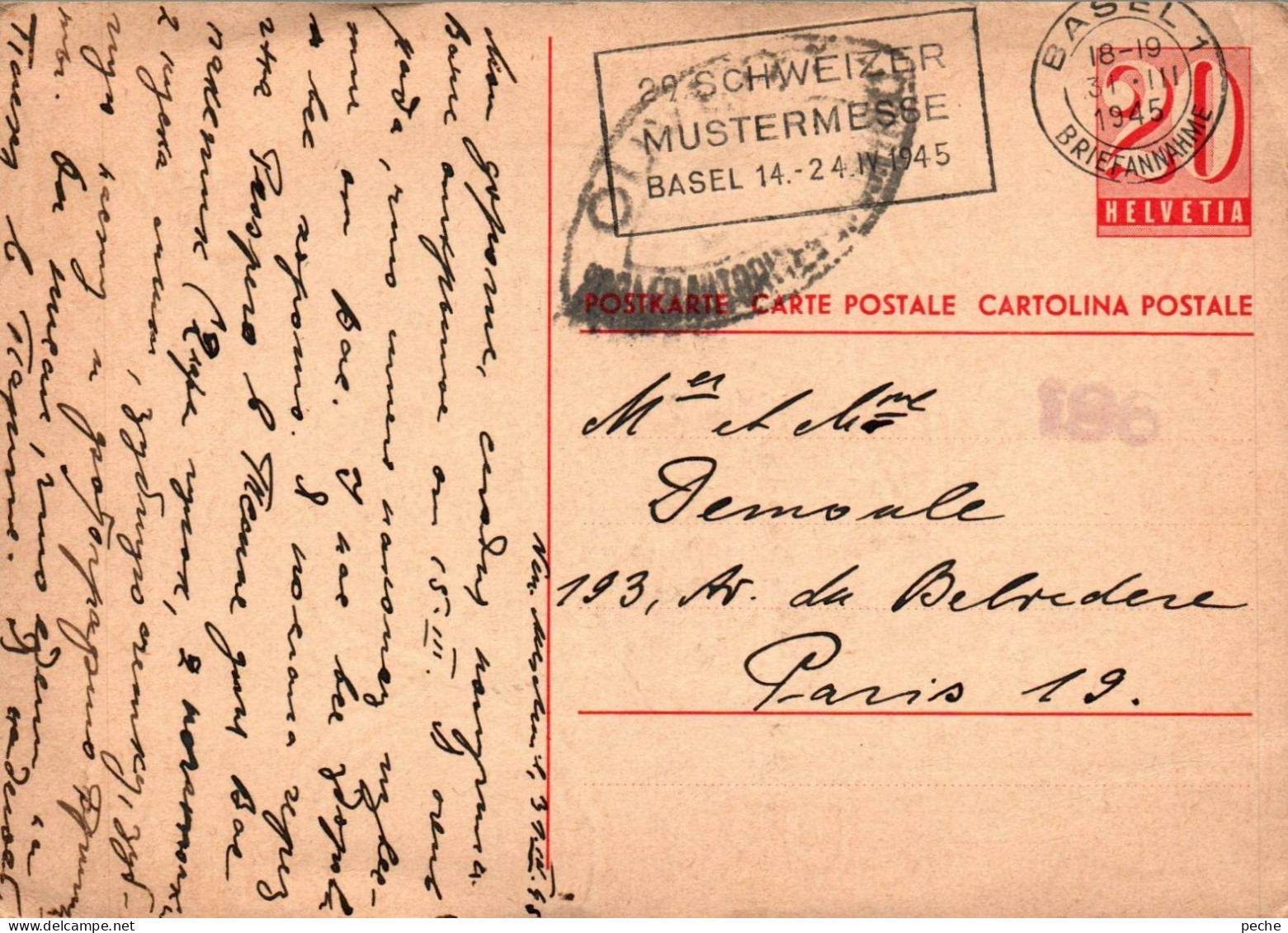 N°1442  W -entier Postal Suisse - Oblitération Schweizer -Mustermisse -Basel- 1945- - Stamped Stationery