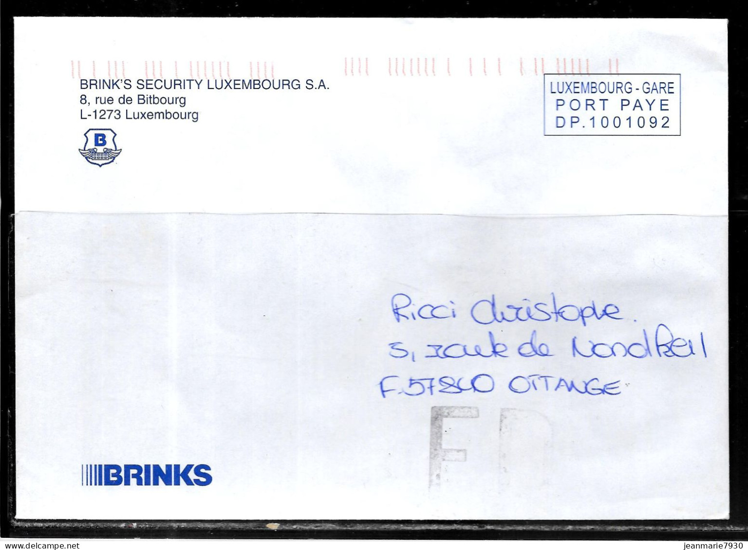 H347 - LETTRE DE LUXEMBOURG  POUR LA FRANCE - FD ( FAUSSE DIRECTION ) DE MERLEBACH - BRINK'S SECURITY - Machines à Affranchir (EMA)