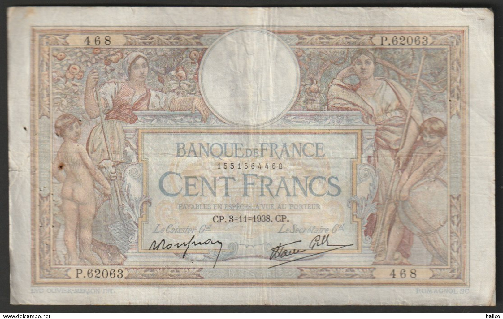 Billet 100 Francs Luc Olivier Merson - 3-11-1938 - P.62063 -  468 - 100 F 1908-1939 ''Luc Olivier Merson''