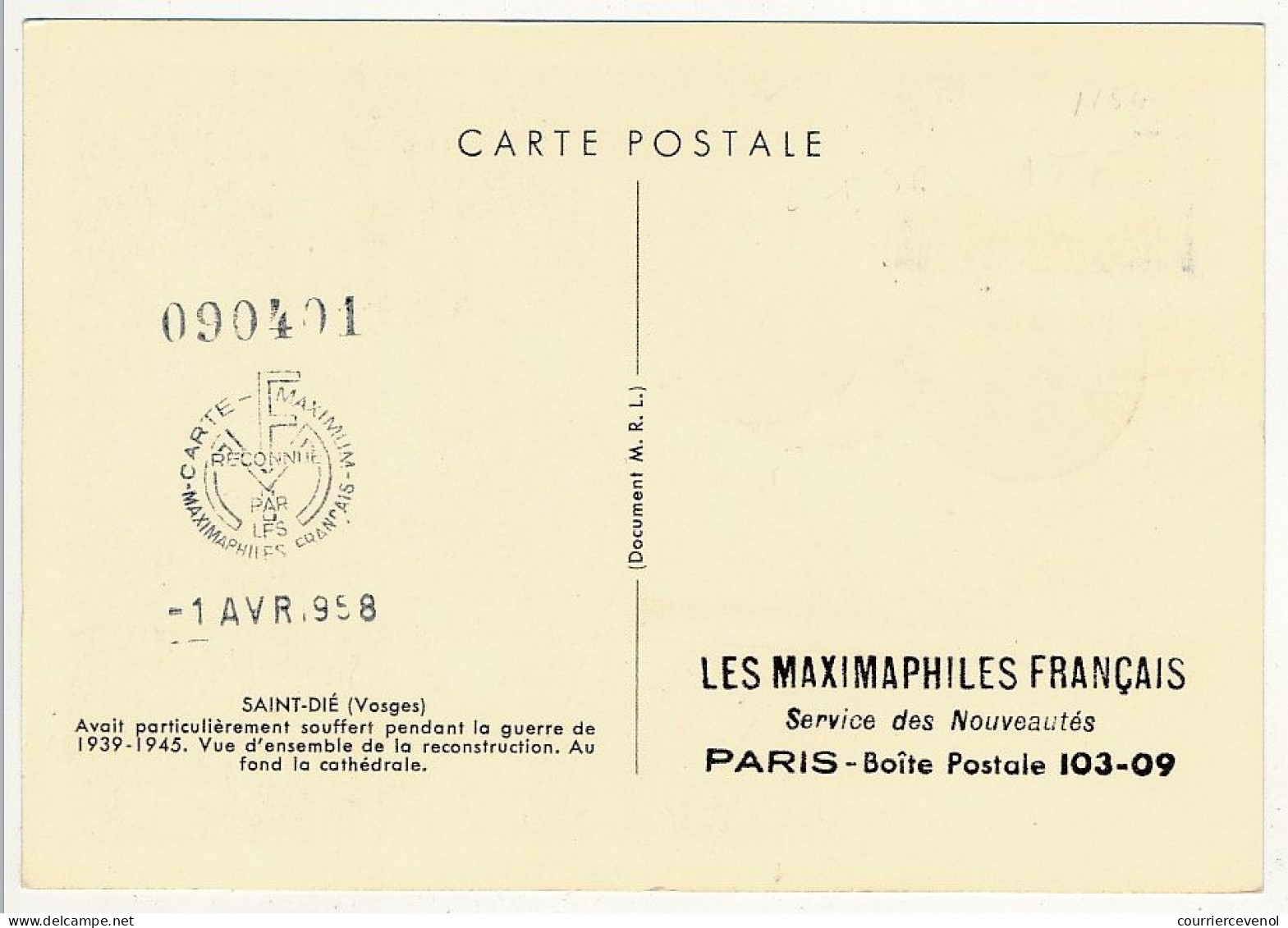FRANCE => Carte Maximum => 18F Saint-Dié - 29/03/1958 - Saint-Dié (Maximaphiles Français) - 1950-1959