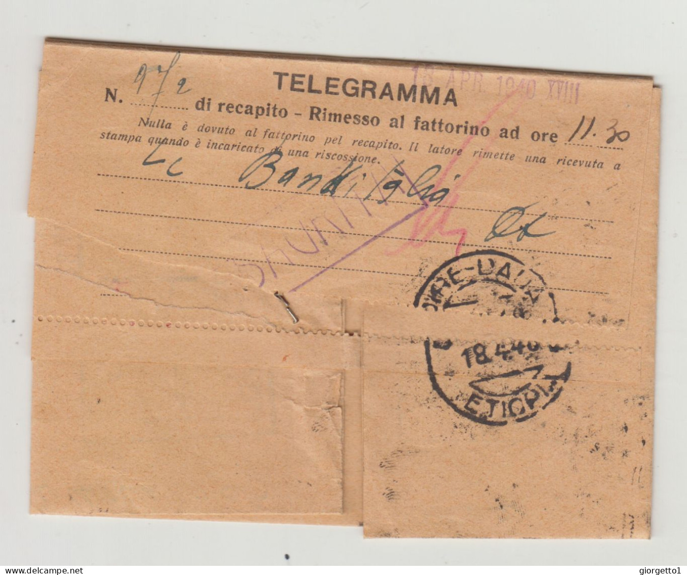 TELEGRAMMA DIRE- DAUA ETIOPIA VIAGGIATA  NEL1940 WW2 - Storia Postale