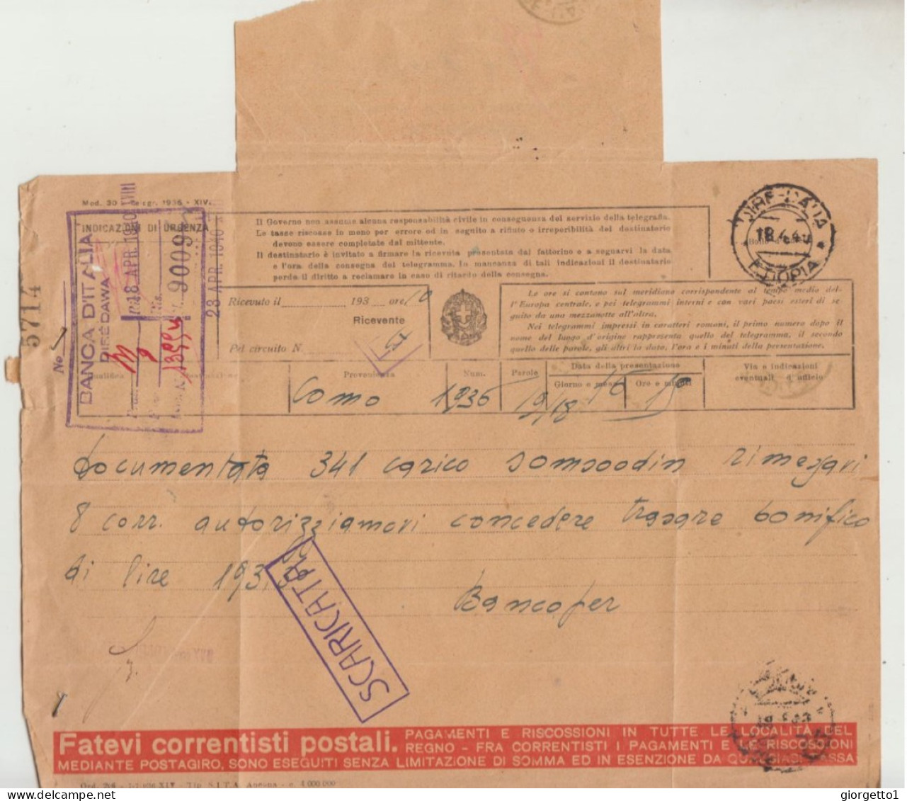 TELEGRAMMA DIRE- DAUA ETIOPIA VIAGGIATA  NEL1940 WW2 - Storia Postale