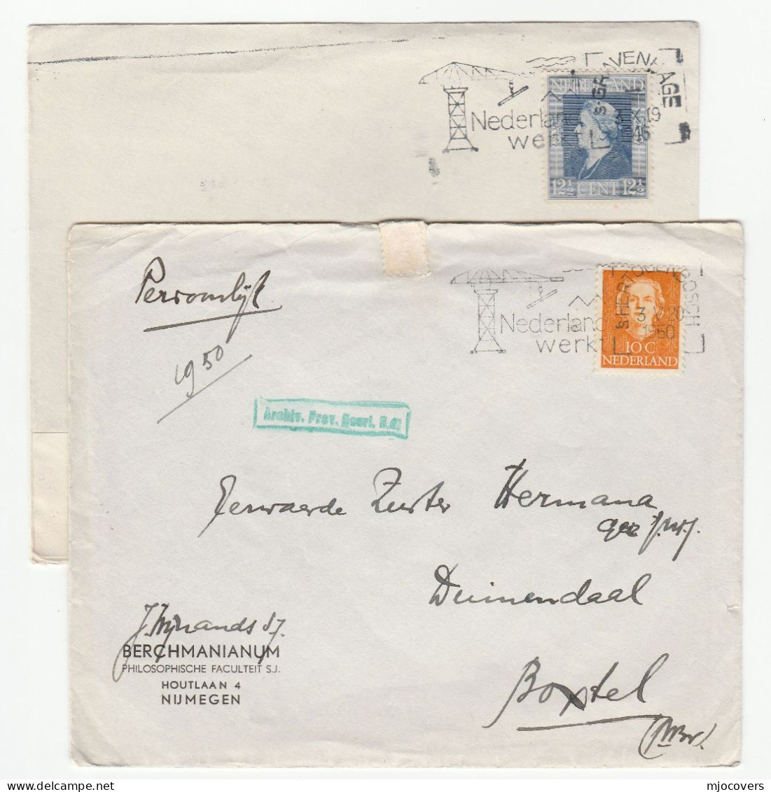 Industry TALL CRANE 1946 And 1950  Netherlands SLOGAN COVERS  Stamps Cover - Cartas & Documentos