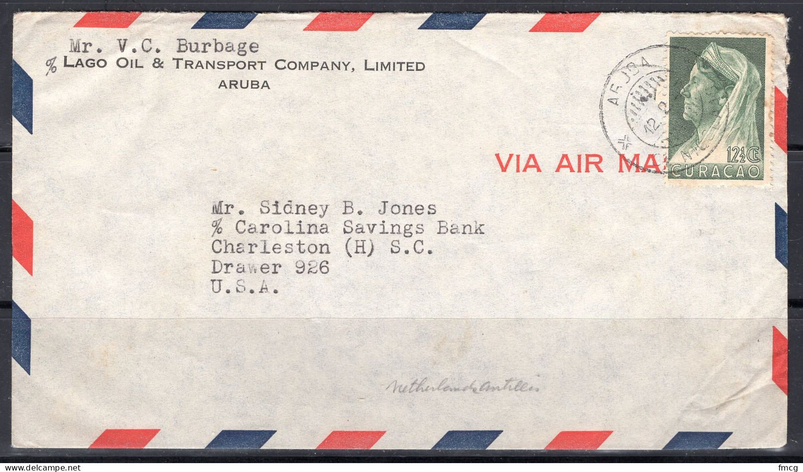 Curacao 1937 - 12-1/2 Cents Queen, Oil Company, Aruba To USA - Niederländische Antillen, Curaçao, Aruba