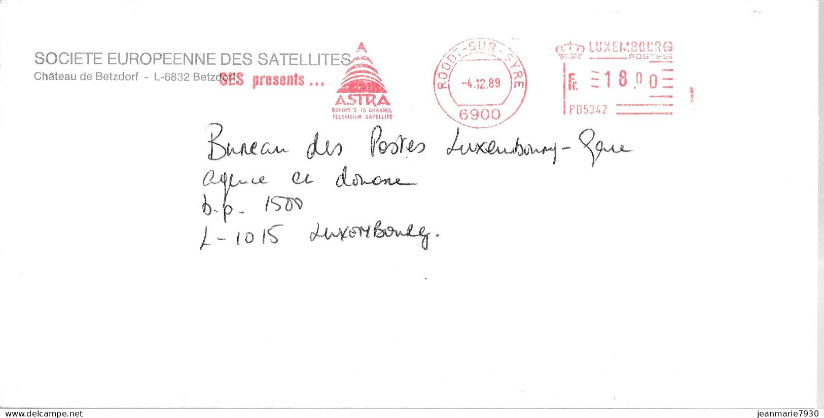 H346 - LETTRE DE ROODT SUR SYRE DU 04/12/89 - ASTRA SATELLITES - Maschinenstempel (EMA)