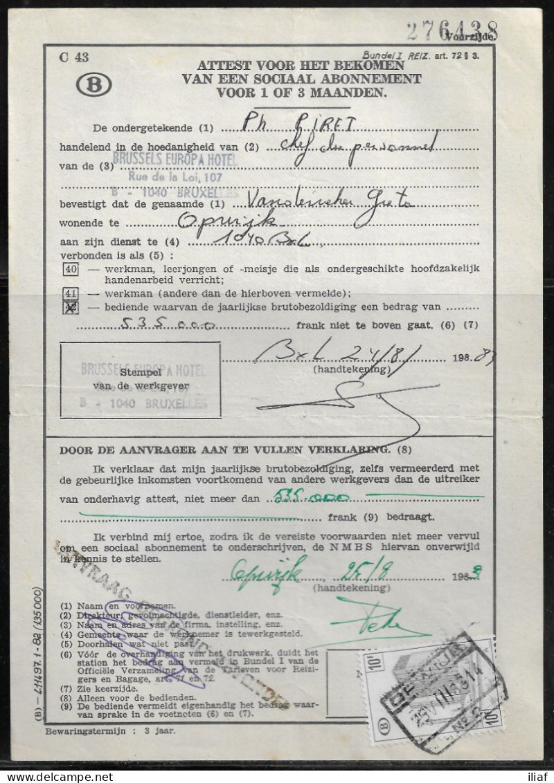 Belgium Parcel Stamp Sc. Q407 On Document C43 Certificate For Obtaining A Social Subscription Opwijk 25.08.83 - Dokumente & Fragmente