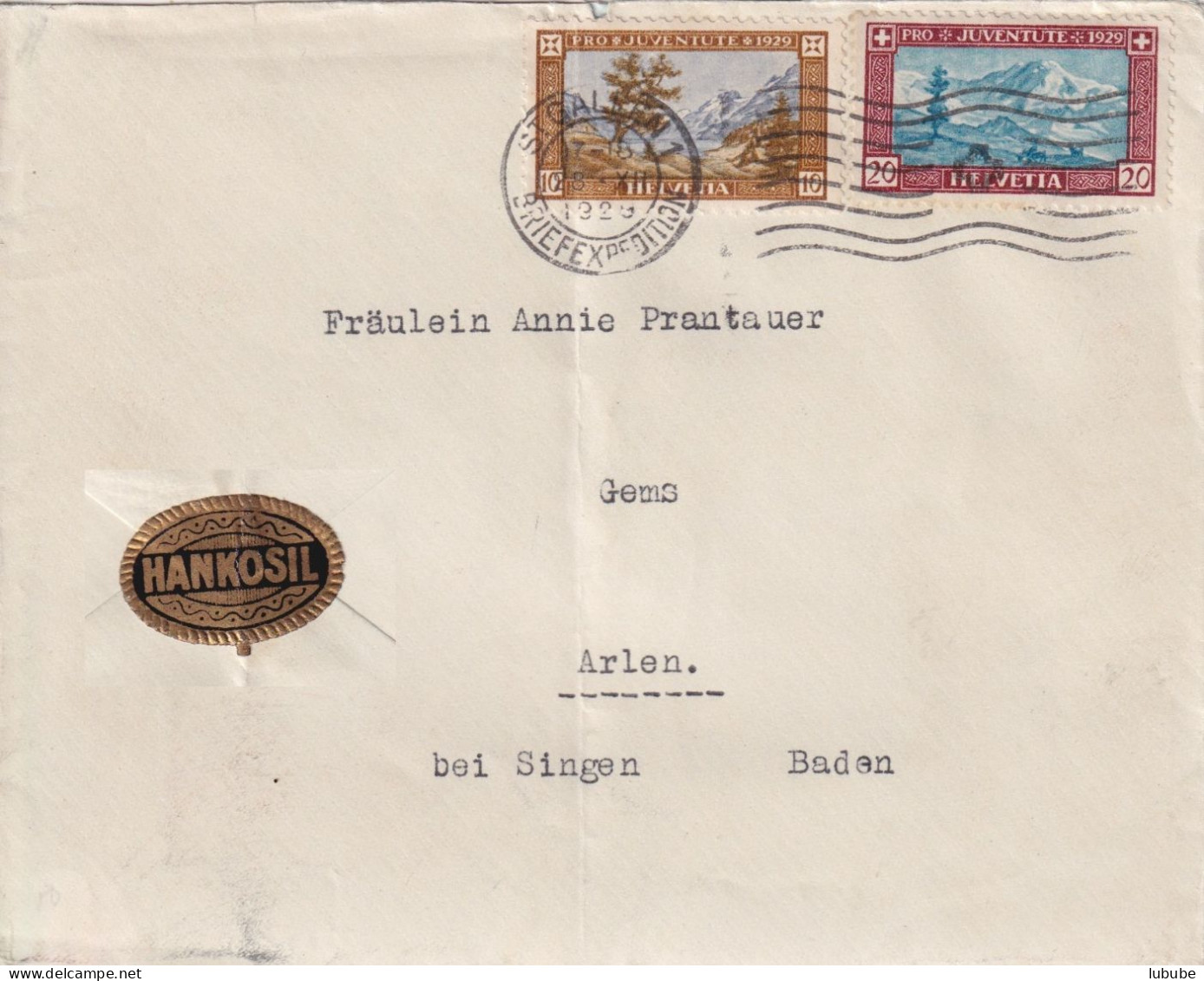 Ausland Brief  "Hankosil, St.Gallen" - Arlen B.Singen  (Verschlussmarke)      1929 - Cartas & Documentos