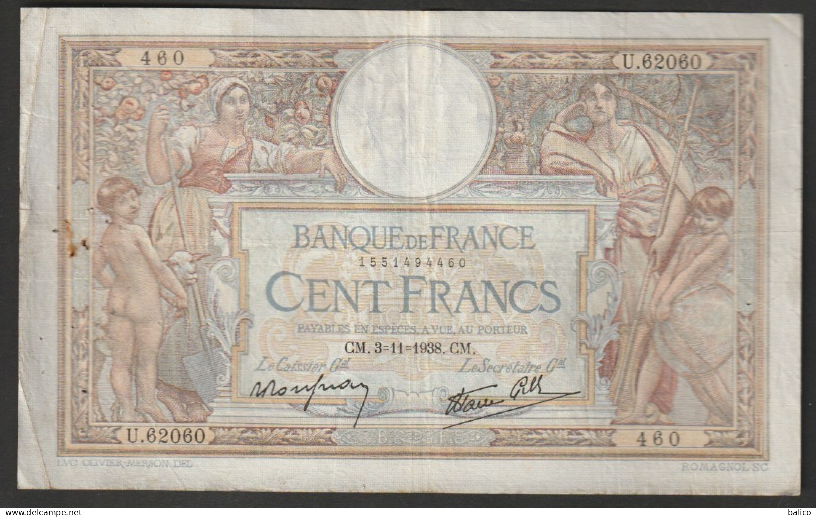 Billet 100 Francs Luc Olivier Merson - 3-11-1938 - U.62060 -  460 - 100 F 1908-1939 ''Luc Olivier Merson''