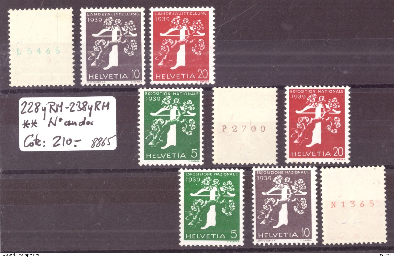 EXPOSITION ZÜRICH 1939 - TIMBRES DE ROULEAUX AVEC NUMEROS AU DOS - No 228yRM - 238yRM  OBLITERES - COTE: 210.- - Coil Stamps