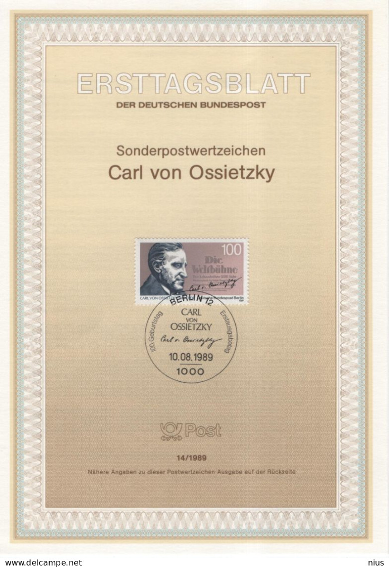 Germany Deutschland 1989-14 Carl Von Ossietzky, Journalist Pacifist, Nobel Peace Prize, Canceled In Berlin - 1991-2000