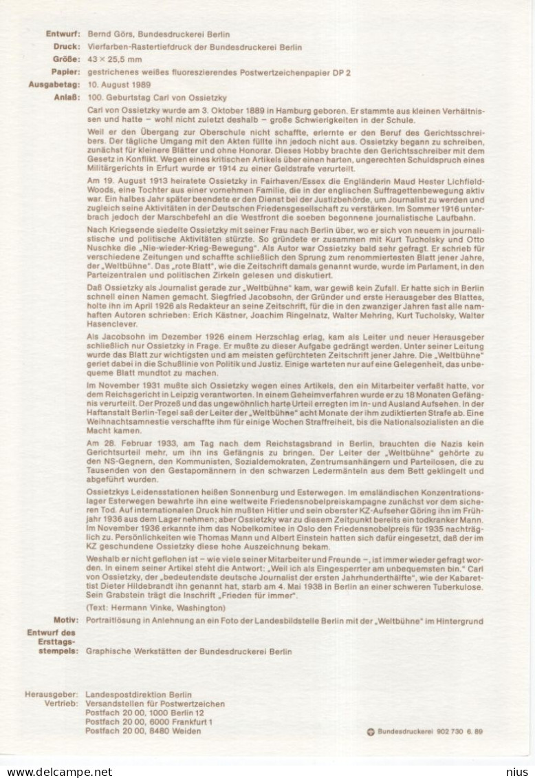 Germany Deutschland 1989-14 Carl Von Ossietzky, Journalist Pacifist, Nobel Peace Prize, Canceled In Berlin - 1991-2000
