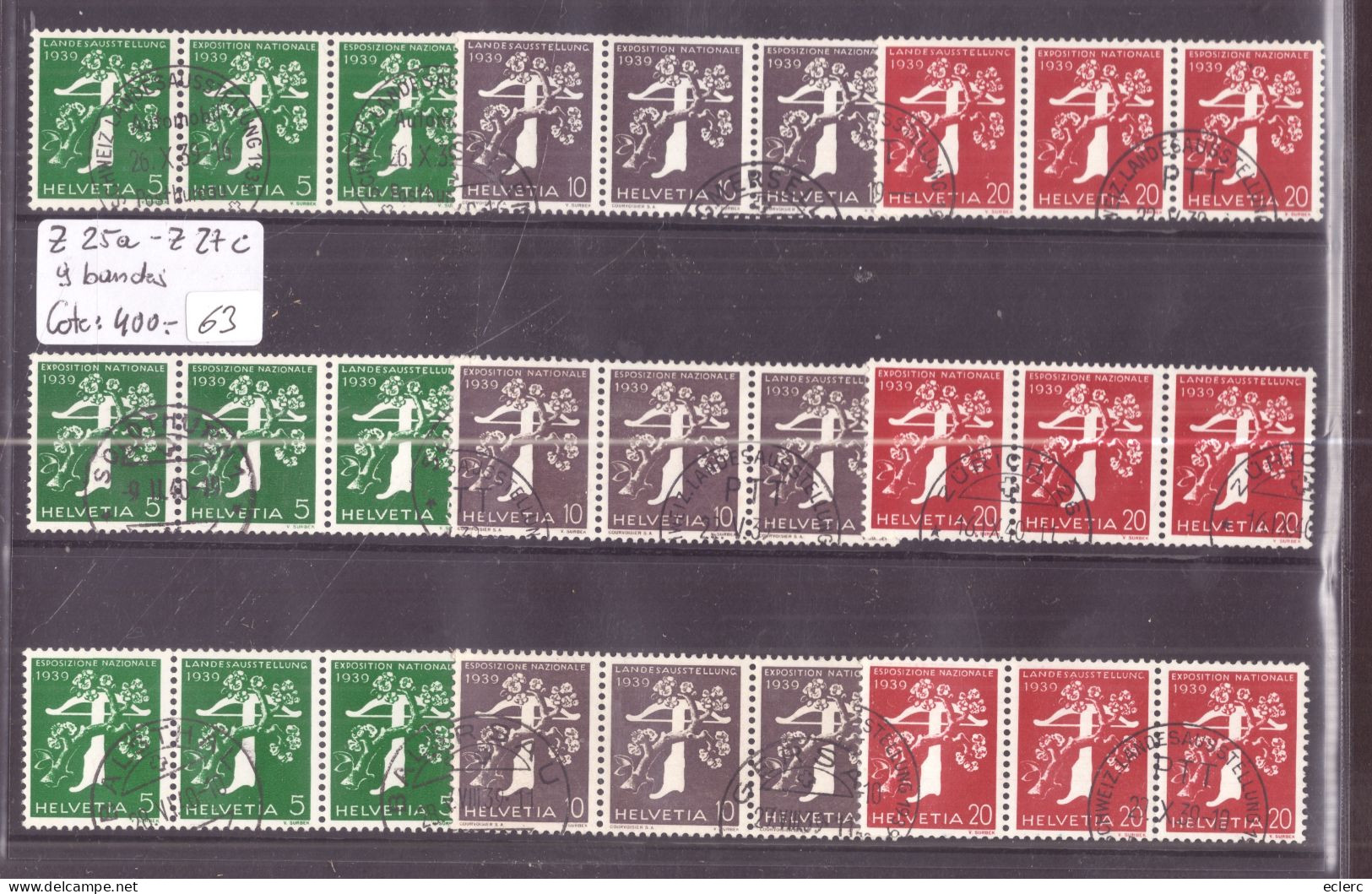 9 BANDES DE 3 EN 3 LANGUES - EXPOSITION ZÜRICH 1939 - TIMBRES DE ROULEAUX  - No Z 25a-Z 27c   OBLITERES - COTE: 400.- - Coil Stamps