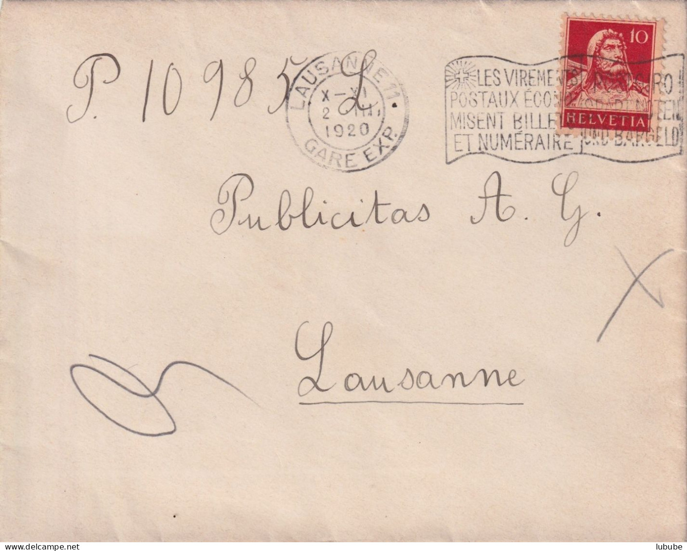Lokaler Brief  "Publicitas SA, Lausanne"       1920 - Cartas & Documentos