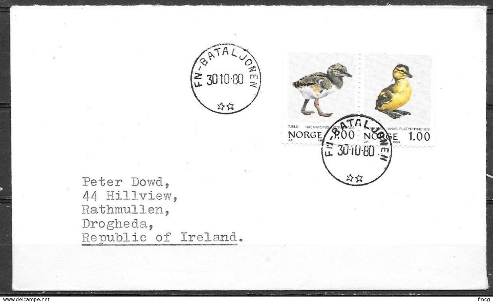 1980 Norway, FN-BATALJONEN (30-10-80), Mailed To Ireland, Duck Stamps - Covers & Documents