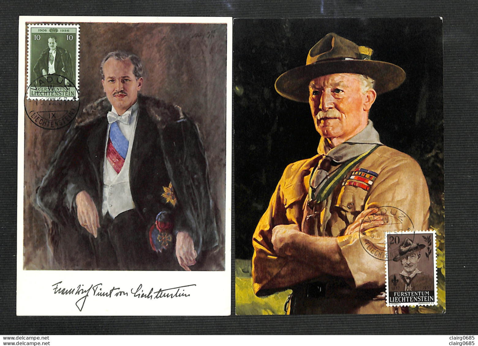 LIECHTENSTEIN - 2 Cartes MAXIMUM 1957 - Franz Josef II - Lord Robert Baden-Powell Of Gilwell - Cartas Máxima