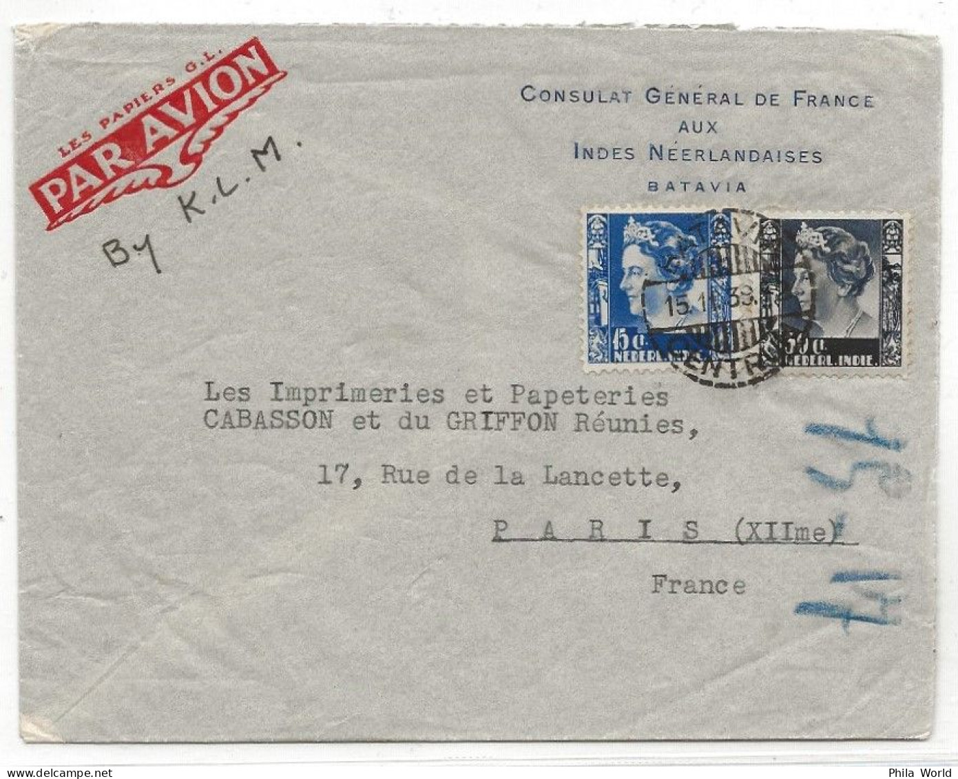 KLM 1938 INDES NEERLANDAISES Nederland Indies Air Mail Cover Par Avion Airmail Consulat Général France BATAVIA PARIS - Flugzeuge