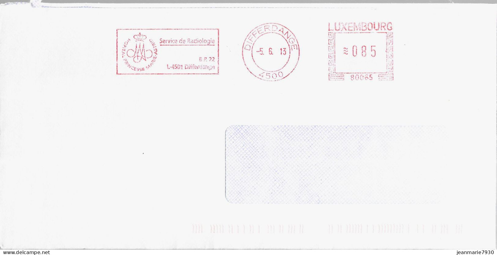 H343- LETTRE DE DIFFERDANGE DU 05/06/13 - HOPITAL PRINCESSE MARIE ASTRID - RADIOLOGIE - Franking Machines (EMA)