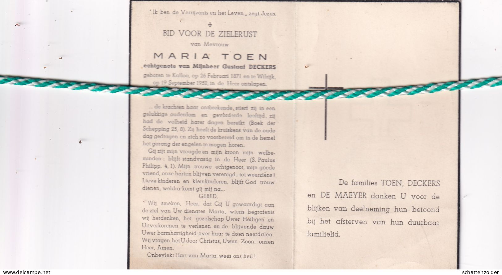 Maria Toen-Deckers, Kalloo 1871, Wilrijk 1952 - Todesanzeige