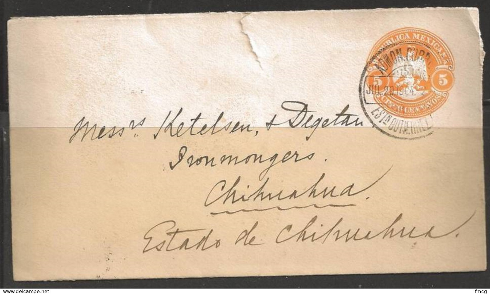 Mexico 1904 5c Postal Envelope Used Jul 29 1904, Chinuahua - Mexique