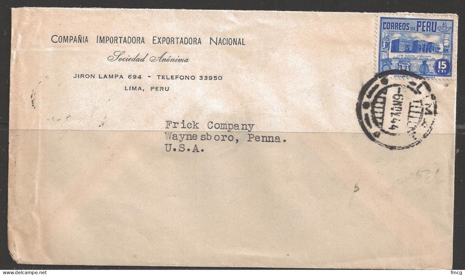 Peru 1944 Lima (6 Nov 44) To Waynesboro PA USA Corner Card - Peru