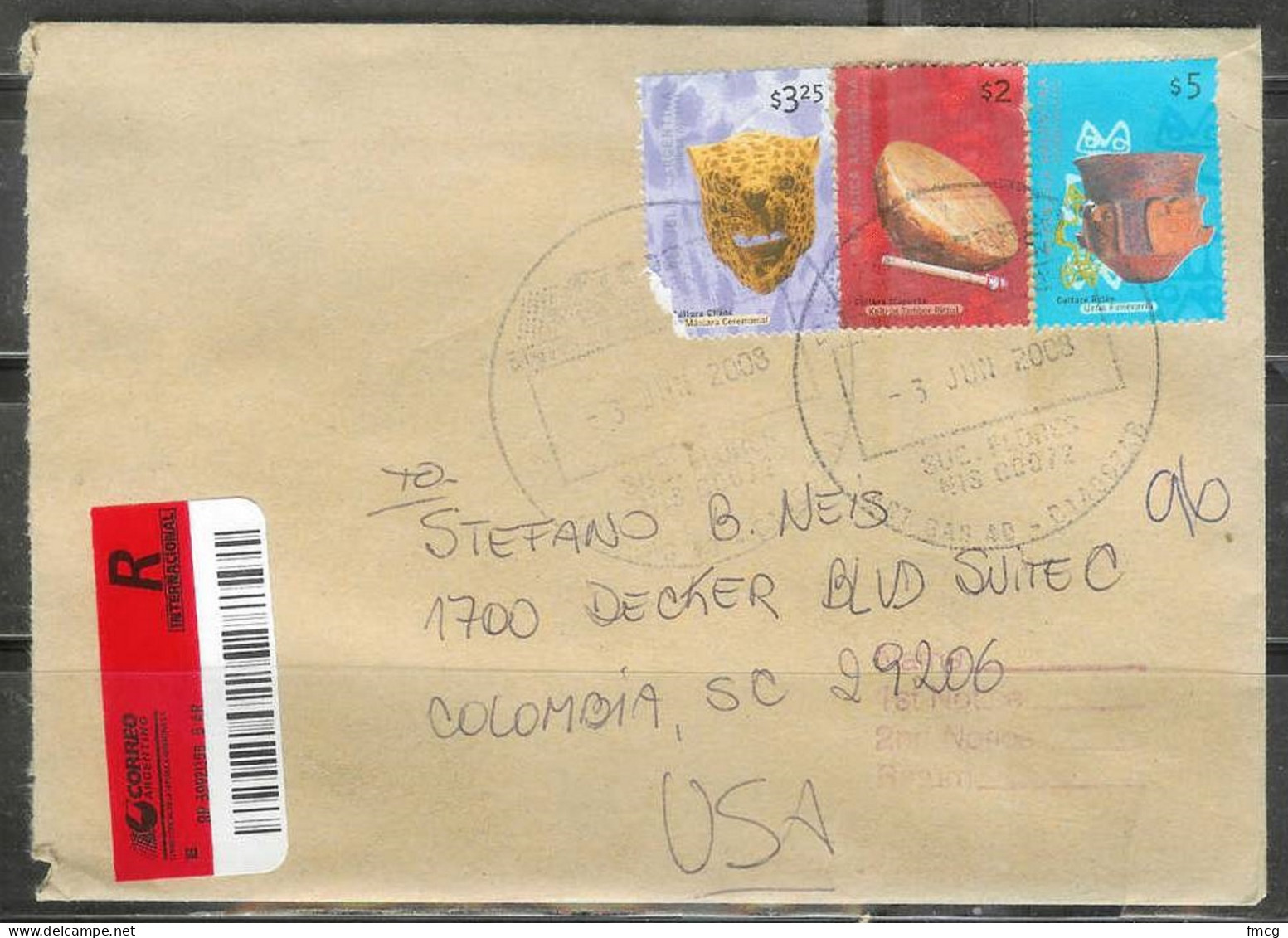 2008 Argentina Registered Cover To USA, $5, $3 And $3.25 Stamps - Covers & Documents
