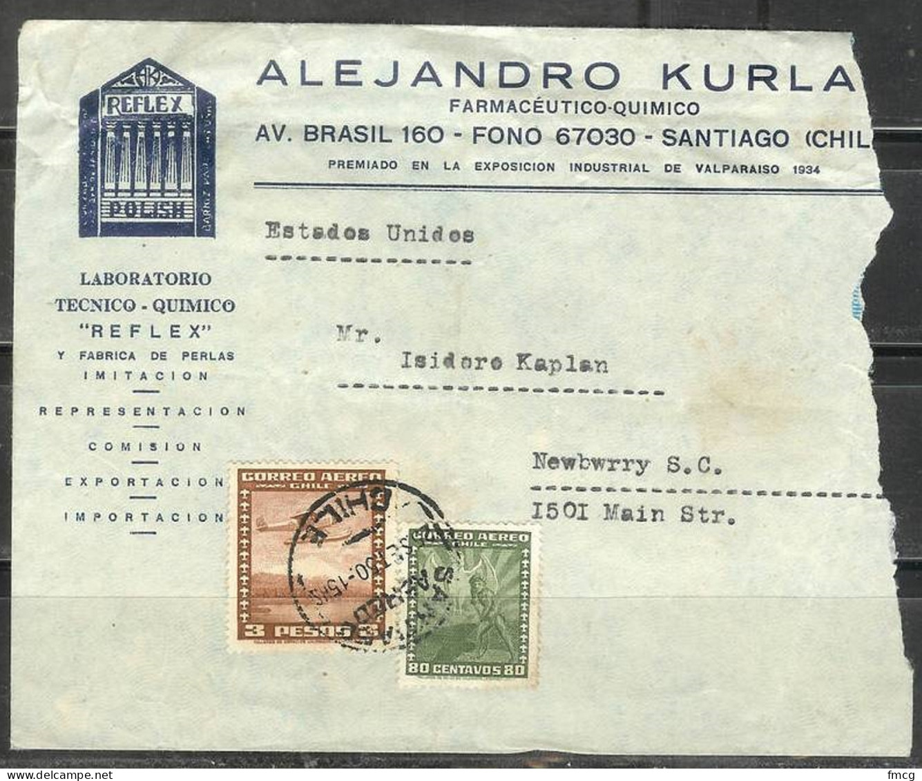 1950 Chile 3 Pesos Airmail Commercial Cover To USA - Chile