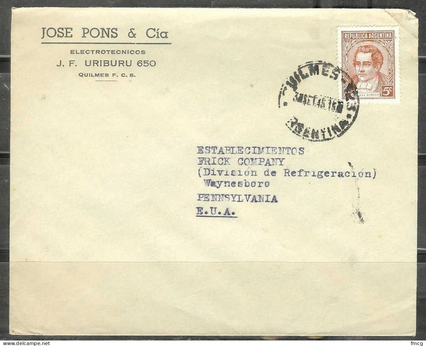 Argentina 1945 - 5c Moreno - Slogan Cancel - To Waynesboro PA USA - Brieven En Documenten
