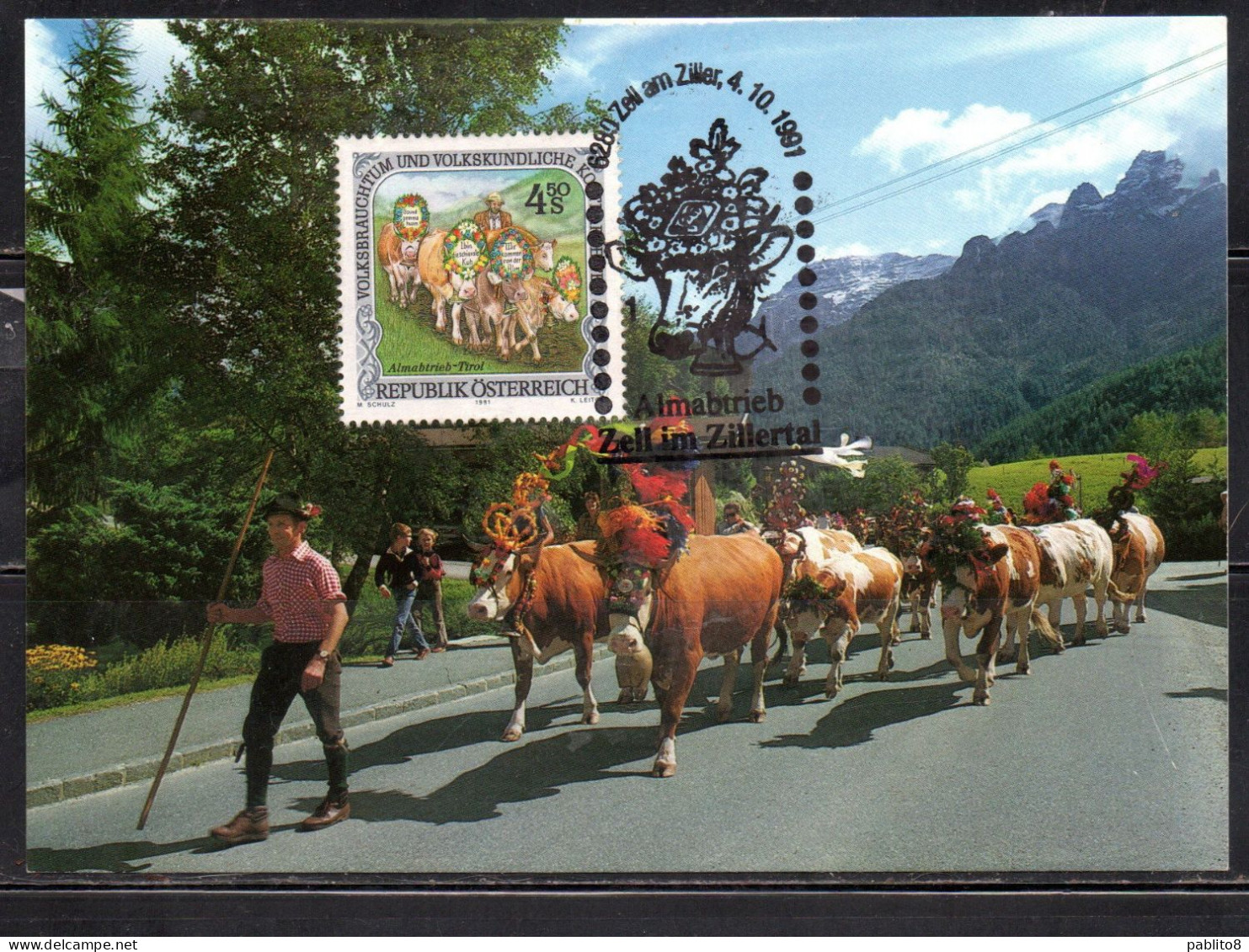 AUSTRIA ÖSTERREICH 1991 AUSTRIAN FOLK FESTIVAL ALMABTRIEB TYROL 4.50s CARTE MAXIMUM MAXI CARD - Maximumkaarten