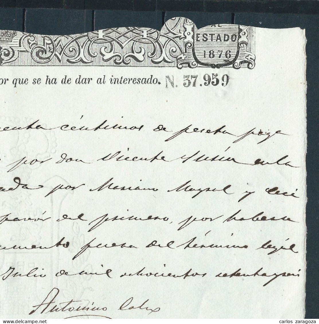 ESPAÑA 1876—PAGOS AL ESTADO 50 Cts—Sello Fiscal SOCIEDAD Del TIMBRE—MARCA DE AGUA: REY ALFONSO XII (ver) - Fiscali