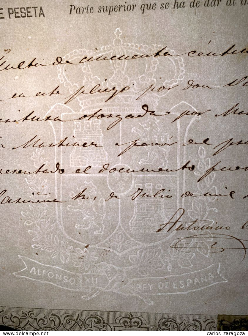 ESPAÑA 1876—PAGOS AL ESTADO 50 Cts—Sello Fiscal SOCIEDAD Del TIMBRE—MARCA DE AGUA: REY ALFONSO XII (ver) - Fiscale Zegels