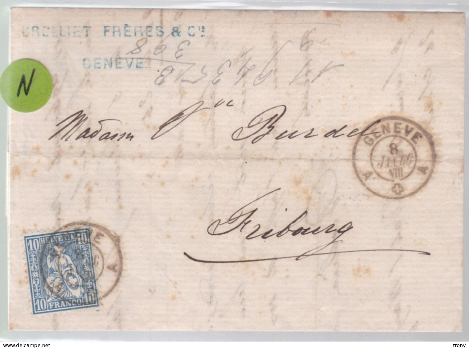 Un Timbre N° 31  10 C  Franco  Suisse  Sur Lettre Genève  Septembre 1865 Destination Fribourg - Covers & Documents