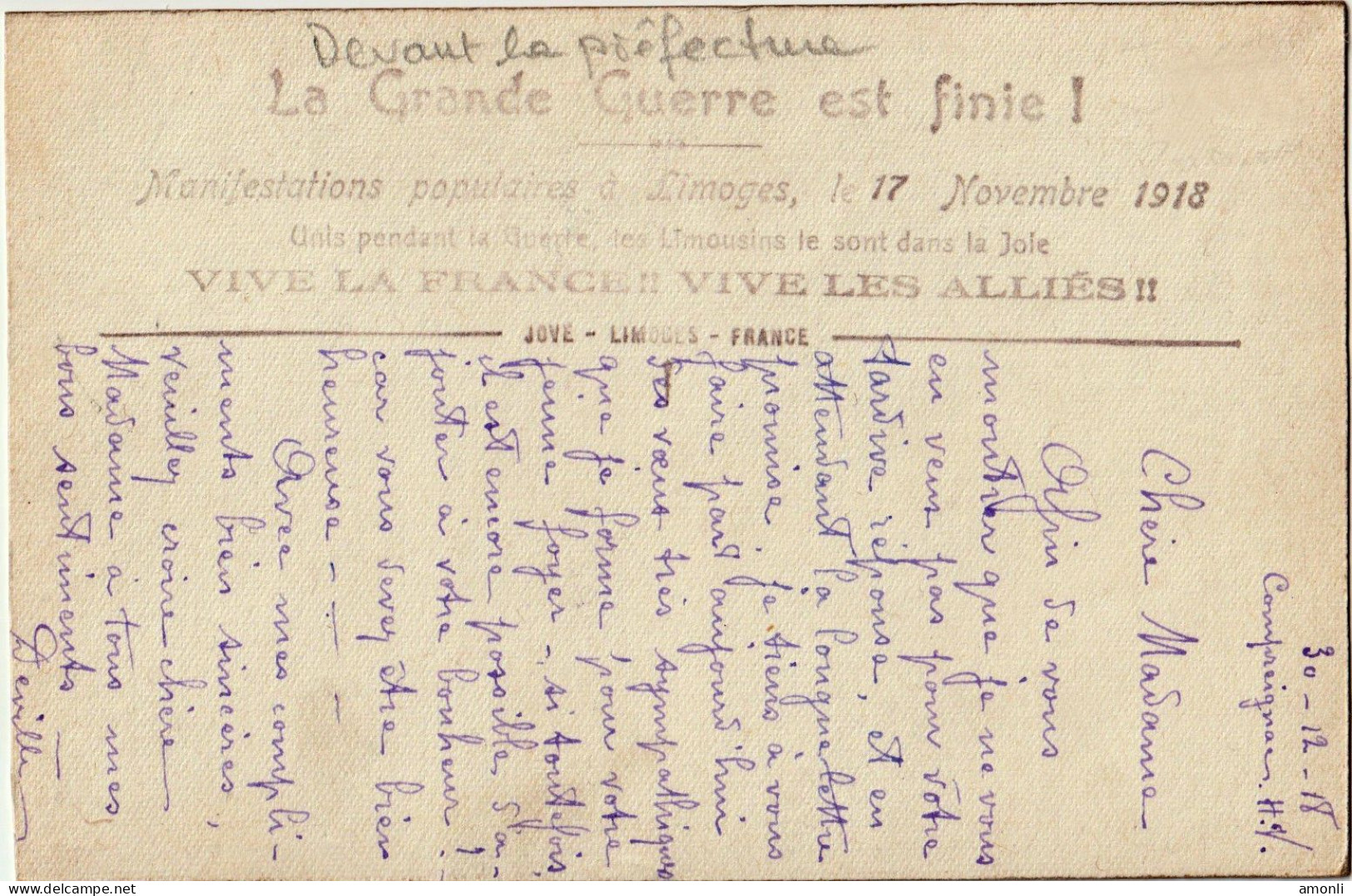 87. HAUTE-VIENNE - LIMOGES. Manifestations Populaires 11 Novembre 1918 Devant La Préfecture. - Limoges