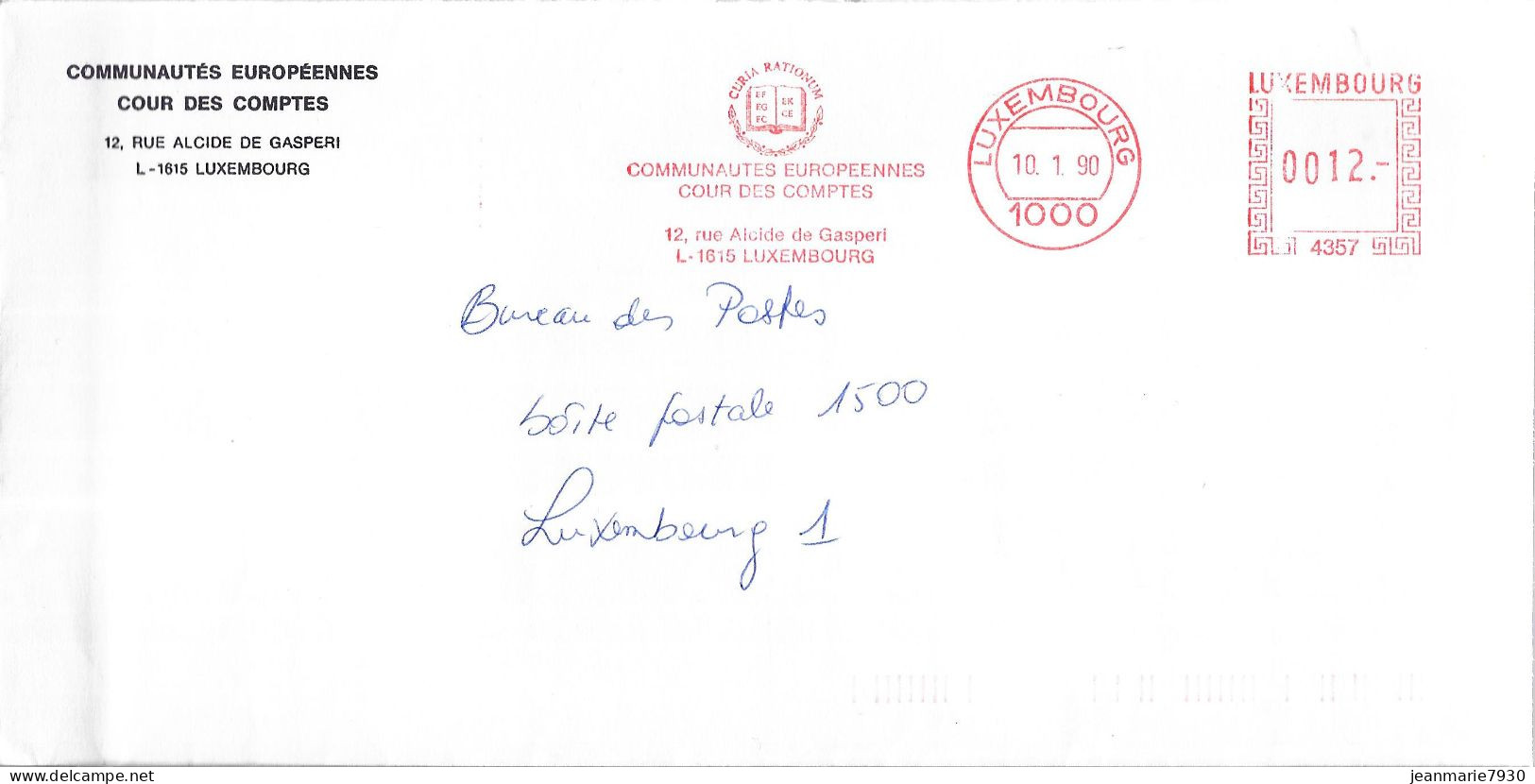 H341- LETTRE DE LUXEMBOURG DU 10/01/90 - COMMUNAUTES EUROPEENNES COUR DES COMPTES - Franking Machines (EMA)