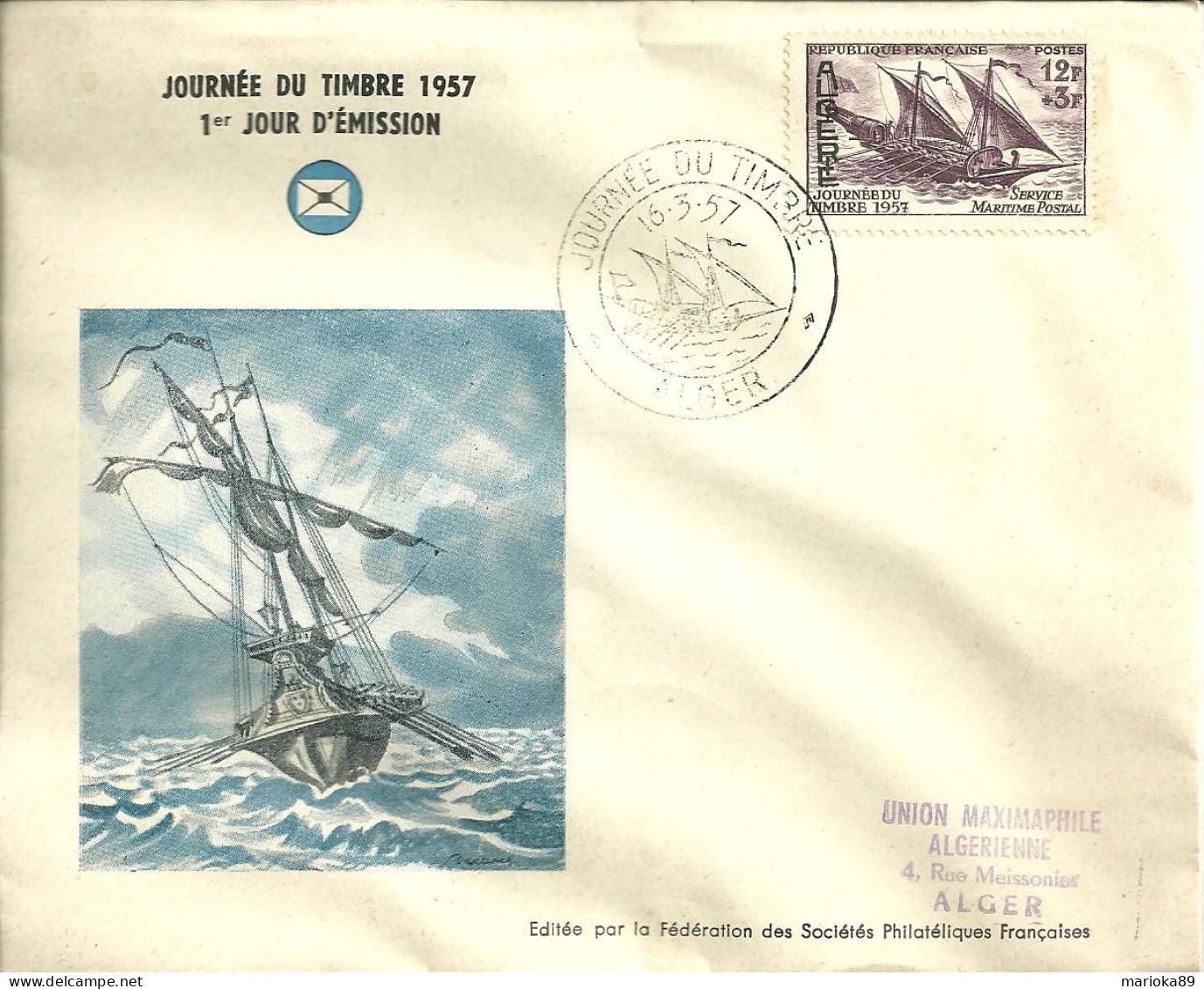 ENV JOURNEE DU TIMBRE ALGER 1957 / SERVICE MARITIME POSTAL - FDC