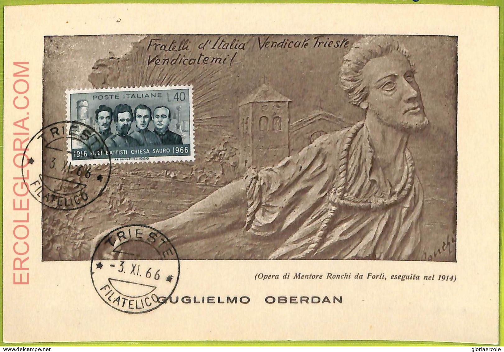 Ad3357 - ITALY - Postal History - MAXIMUM CARD - 1966 - Guglielmo Oberdan - Cartoline Maximum
